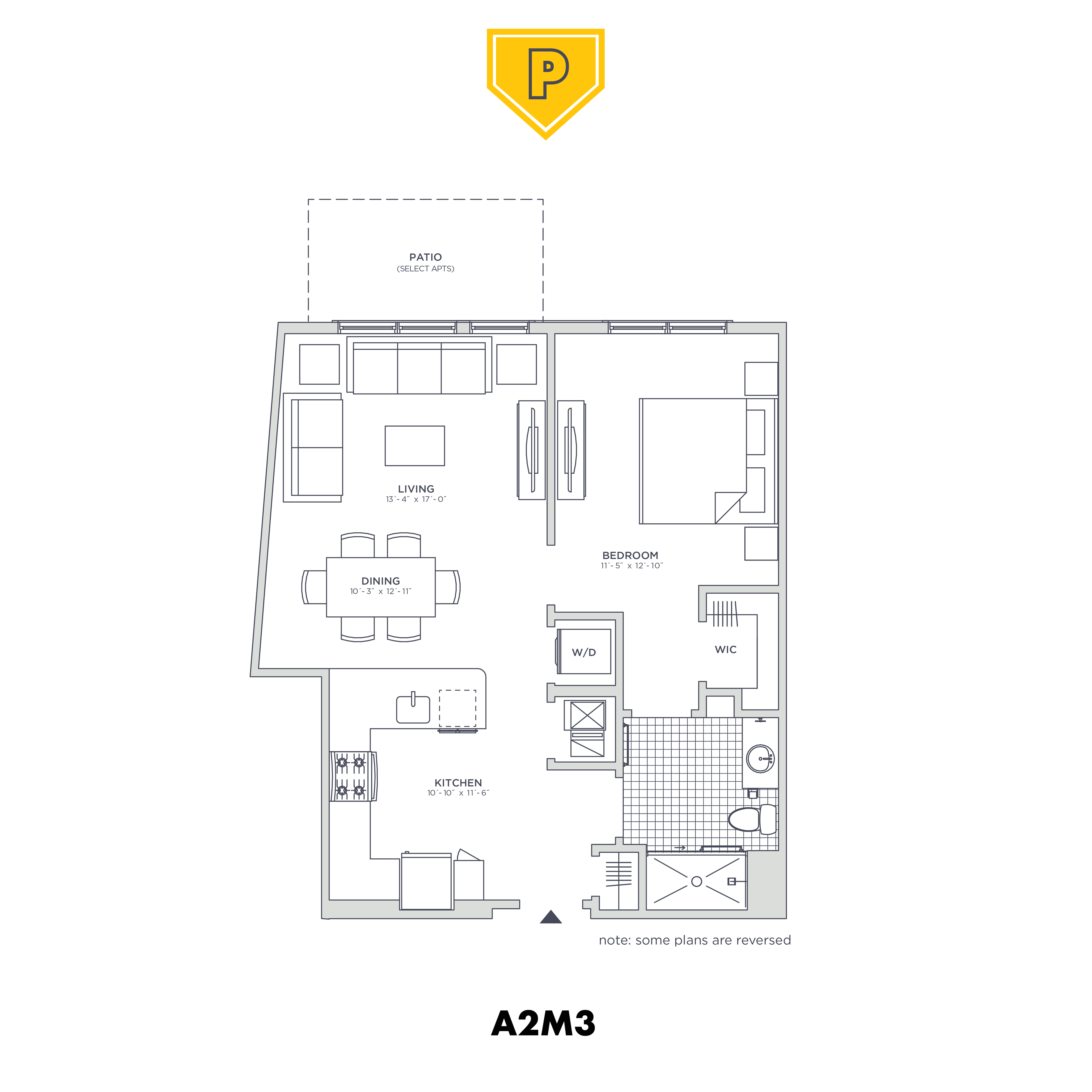 Floor plan for 1 bed, 1 bath, 754 sqft
